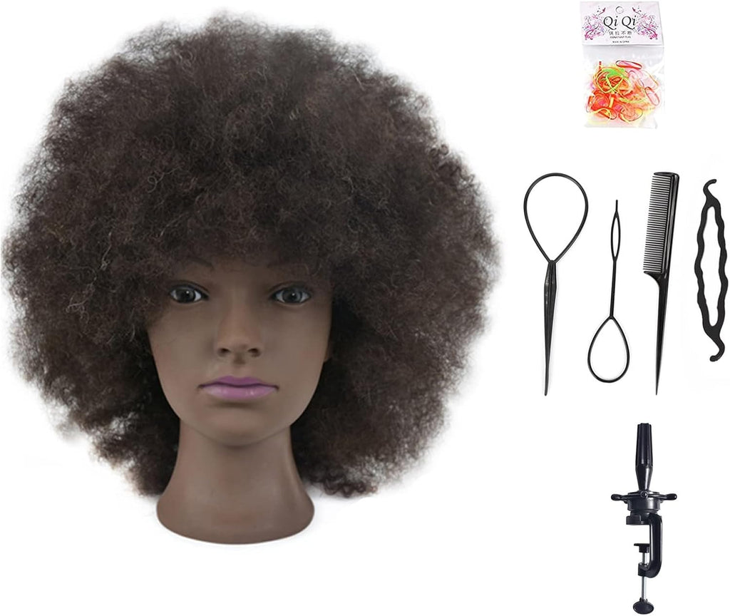 25,4 cm Afro trainingshoofd, 100% echt haar, mannequin-hoofd voor kapsel, inclusief clip
