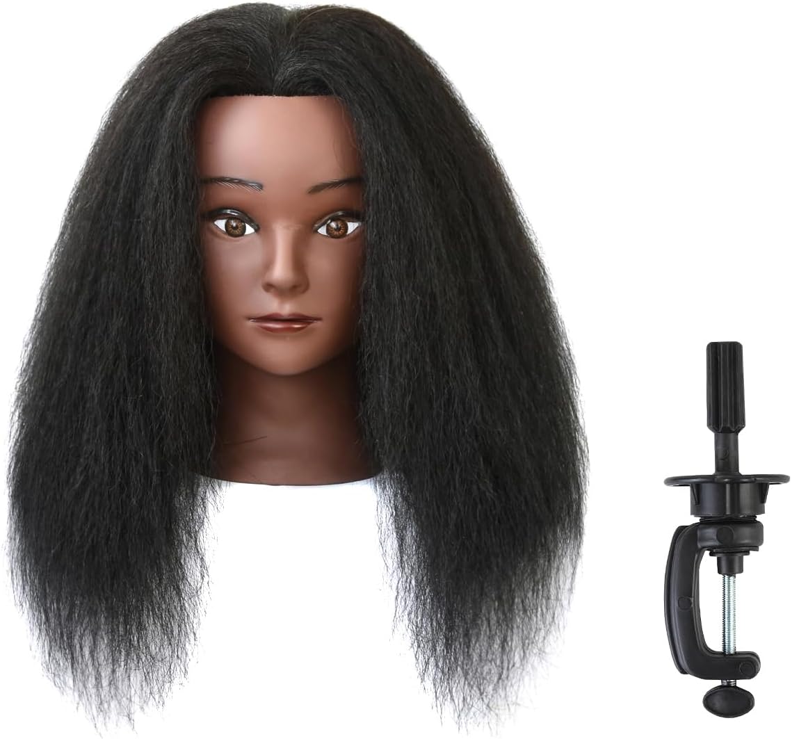 Kappershoofd, professioneel, 100% afro-haar, trainingshoofd voor kappers, met tafelstandaard (35 cm, zwart)