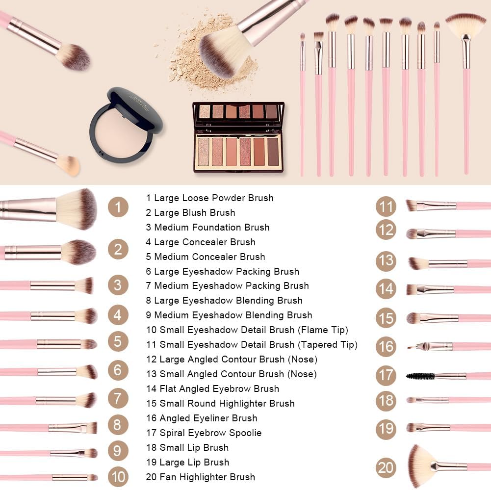 Vicloon 40 stuks professionele make-upkwasten met Beauty Blender, poedervlokken, hoofdband, premium kwasten voor foundation, roze