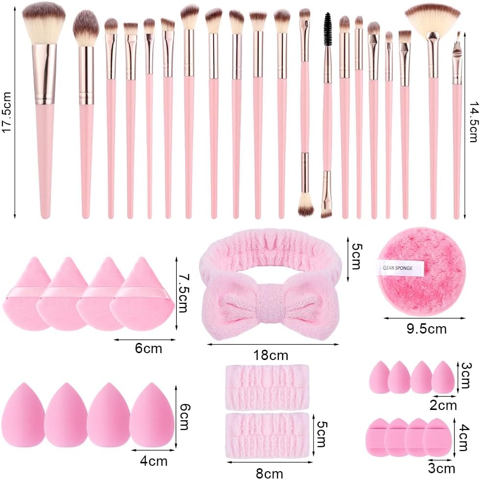 Vicloon 40 stuks professionele make-upkwasten met Beauty Blender, poedervlokken, hoofdband, premium kwasten voor foundation, roze
