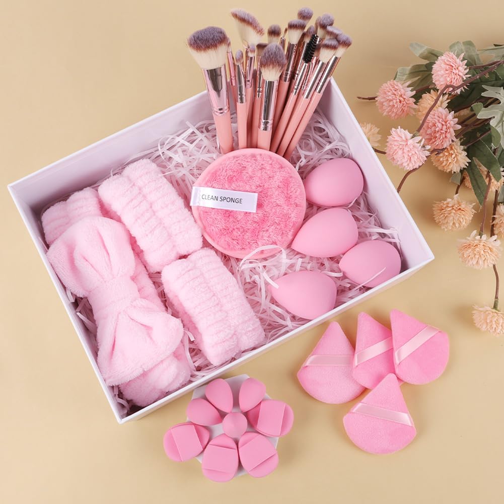 Vicloon 40 stuks professionele make-upkwasten met Beauty Blender, poedervlokken, hoofdband, premium kwasten voor foundation, roze