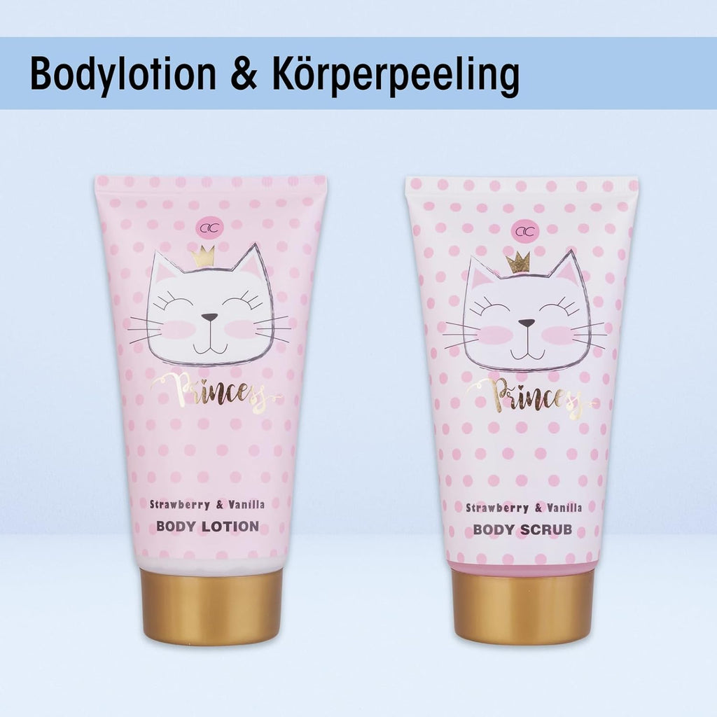 Accentra - Princess Kitty cadeauset voor meisjes en vrouwen - doucheset inclusief schuimbad, scrub, douchegel en meer - Fruitgeur cadeau in een mooie doos