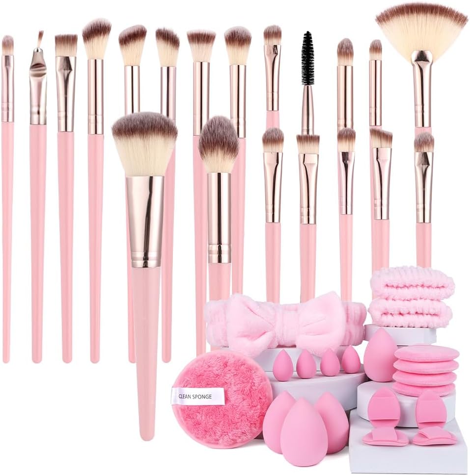 Vicloon 40 stuks professionele make-upkwasten met Beauty Blender, poedervlokken, hoofdband, premium kwasten voor foundation, roze
