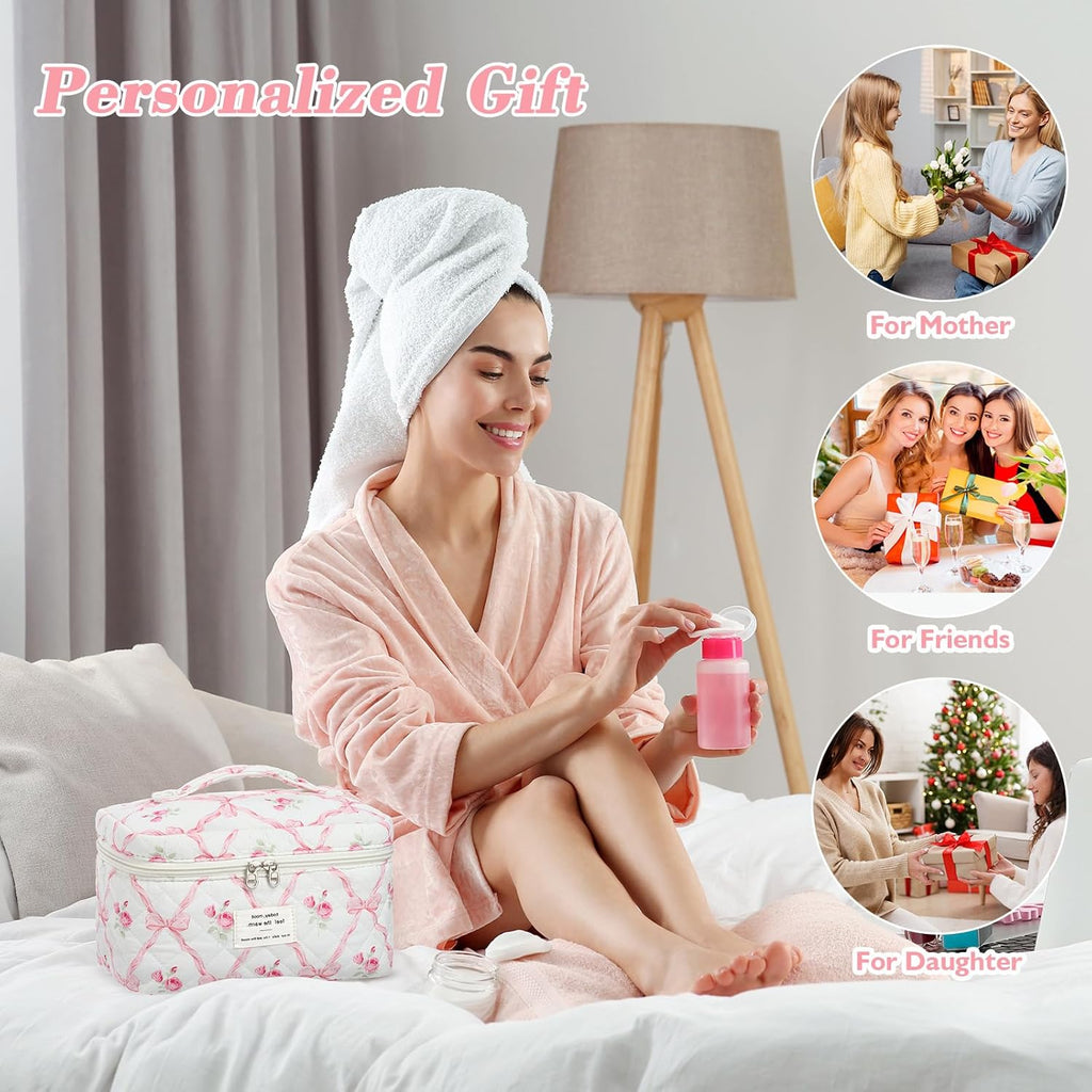 Set van 3 make-uptassen voor dames met bloemenpatroon, toilettas, grote toilettas, draagbare make-uptas voor reizen en dagelijks gebruik, pollen, roze, rustieke bloem