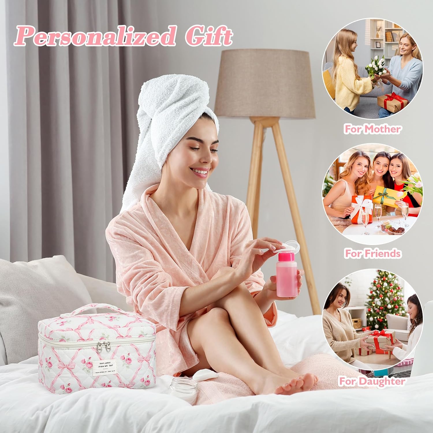 Set van 3 make-uptassen voor dames met bloemenpatroon, toilettas, grote toilettas, draagbare make-uptas voor reizen en dagelijks gebruik, pollen, roze, rustieke bloem