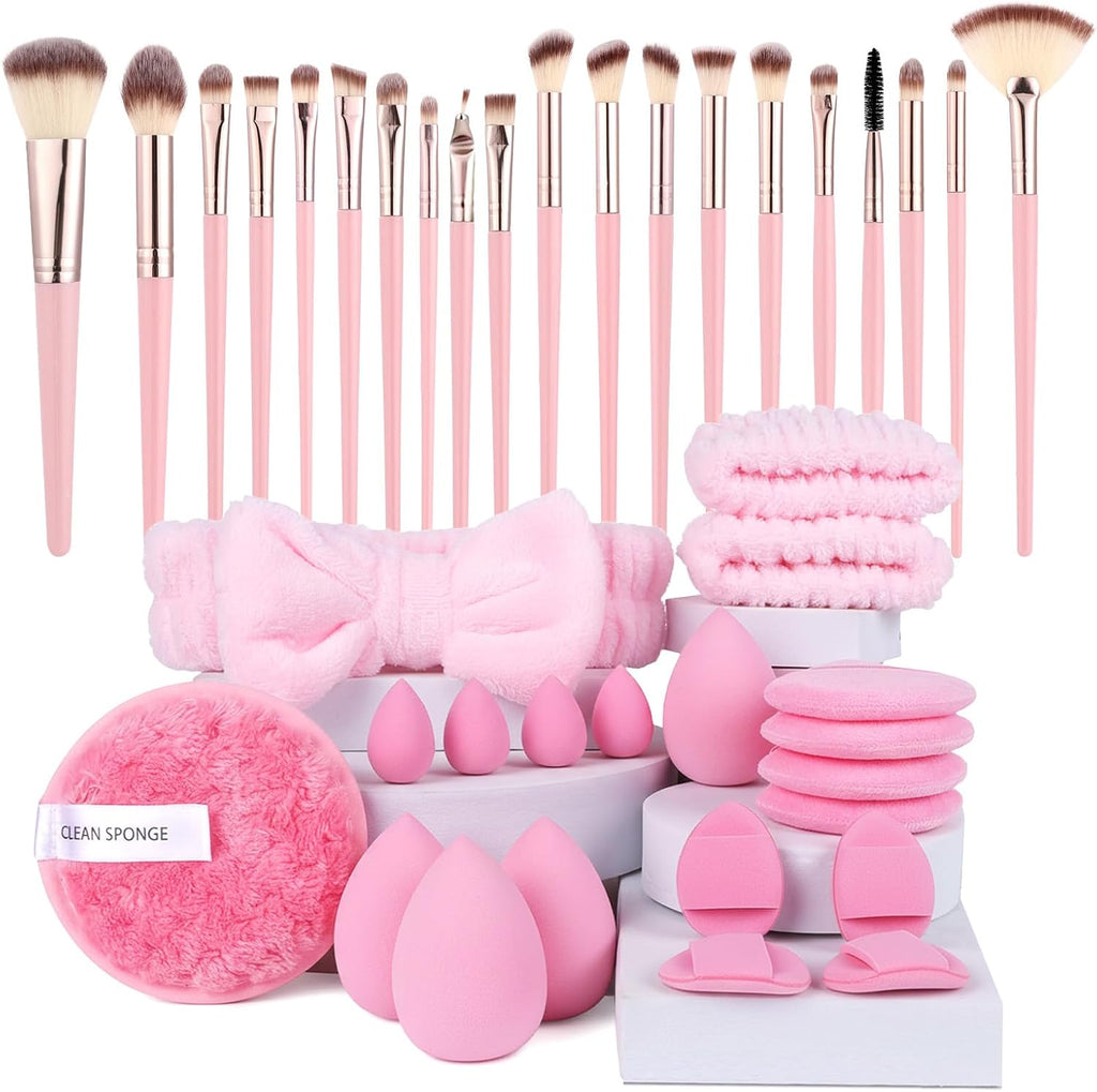 Vicloon 40 stuks professionele make-upkwasten met Beauty Blender, poedervlokken, hoofdband, premium kwasten voor foundation, roze
