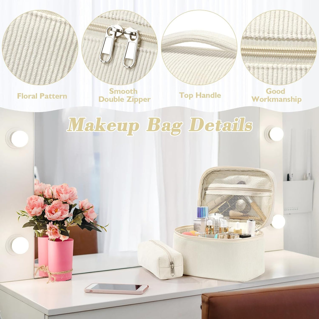 Set van 3 make-uptassen voor dames met bloemenpatroon, toilettas, grote toilettas, draagbare make-uptas voor reizen en dagelijks gebruik, pollen, roze, rustieke bloem