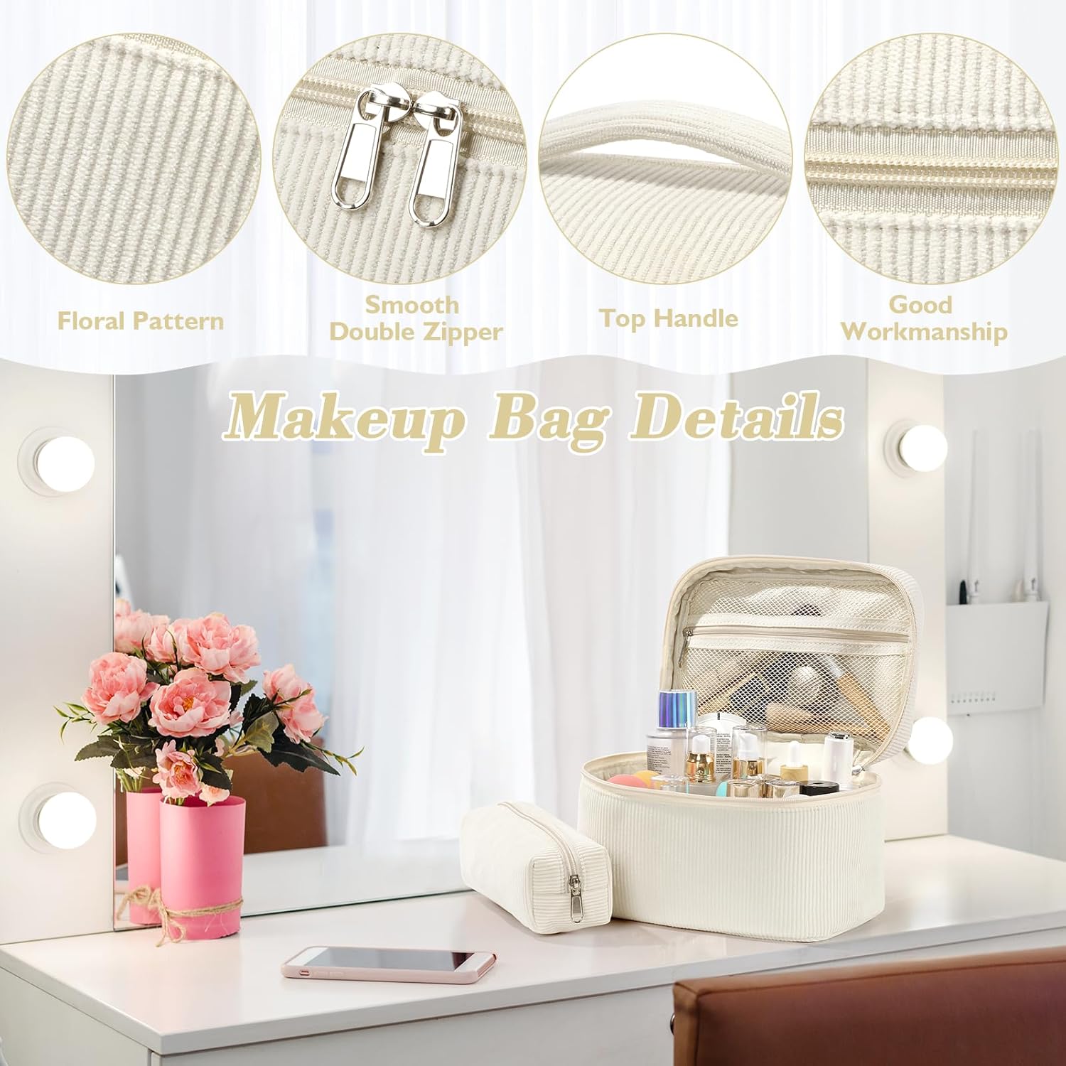 Set van 3 make-uptassen voor dames met bloemenpatroon, toilettas, grote toilettas, draagbare make-uptas voor reizen en dagelijks gebruik, pollen, roze, rustieke bloem