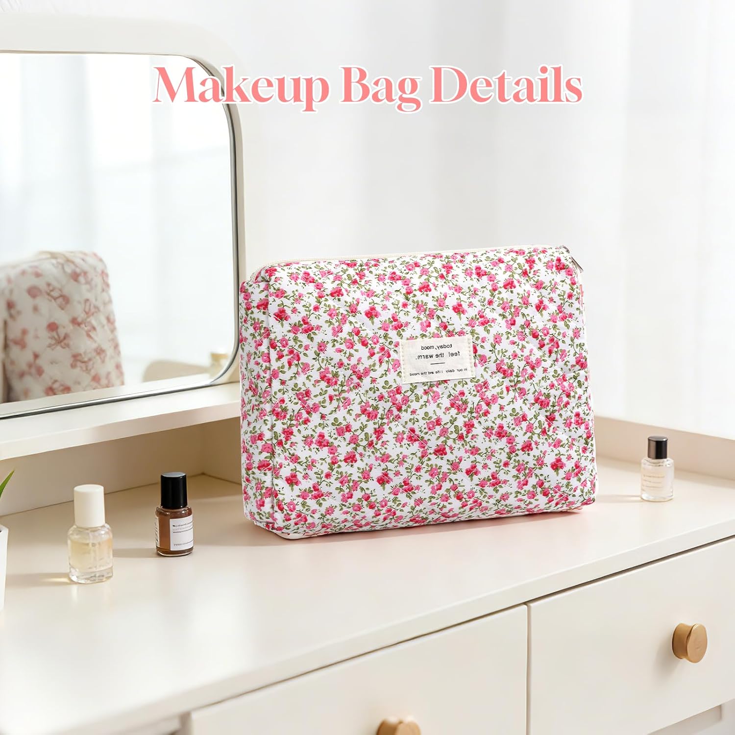 Set van 3 make-uptassen voor dames met bloemenpatroon, toilettas, grote toilettas, draagbare make-uptas voor reizen en dagelijks gebruik, pollen, roze, rustieke bloem