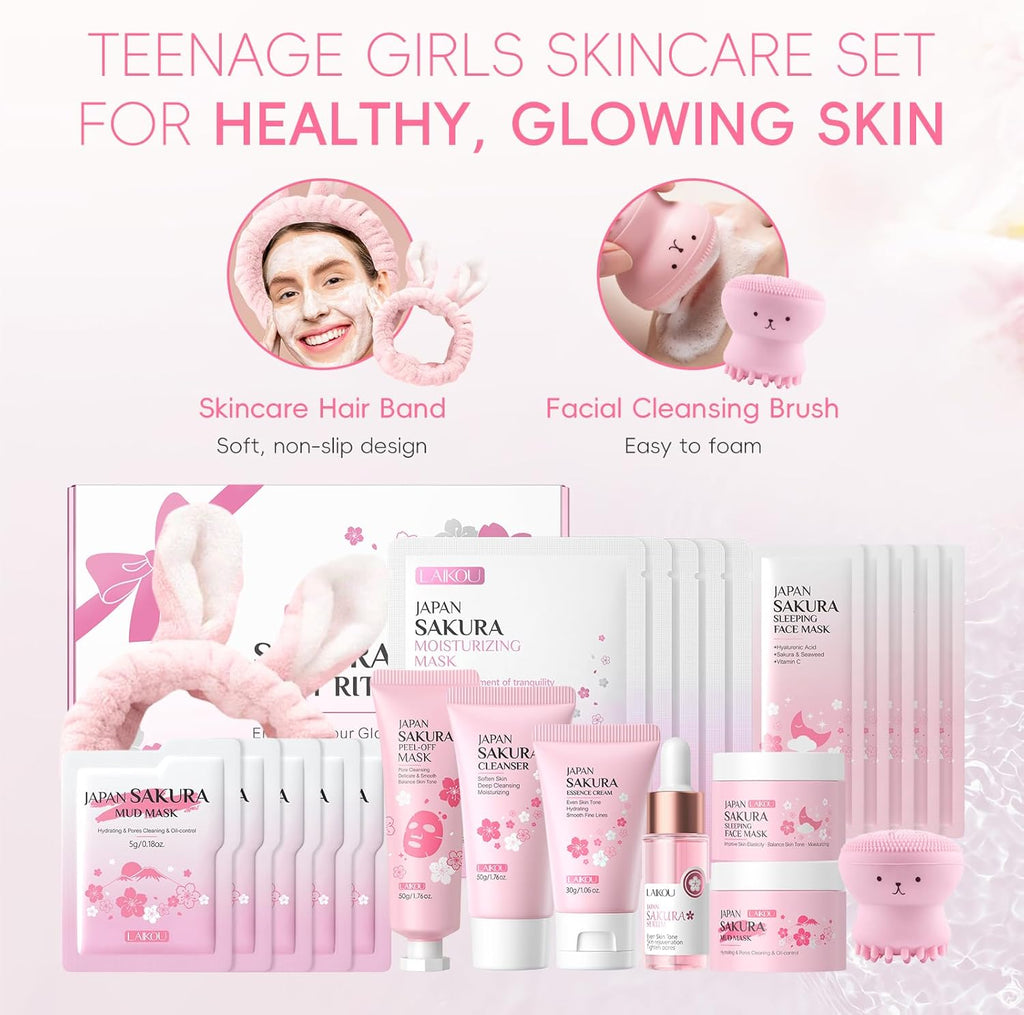 LAIKOU Sakura Gezichtsverzorgingsset, 11-delig, gezichtsverzorgingsset voor tieners, reishuidverzorgingsset met gezichtsreiniger, serum, vochtinbrengende crème, gezichtsmasker en moddermasker