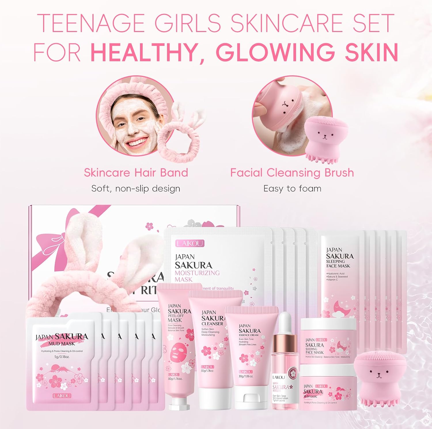 LAIKOU Sakura Gezichtsverzorgingsset, 11-delig, gezichtsverzorgingsset voor tieners, reishuidverzorgingsset met gezichtsreiniger, serum, vochtinbrengende crème, gezichtsmasker en moddermasker