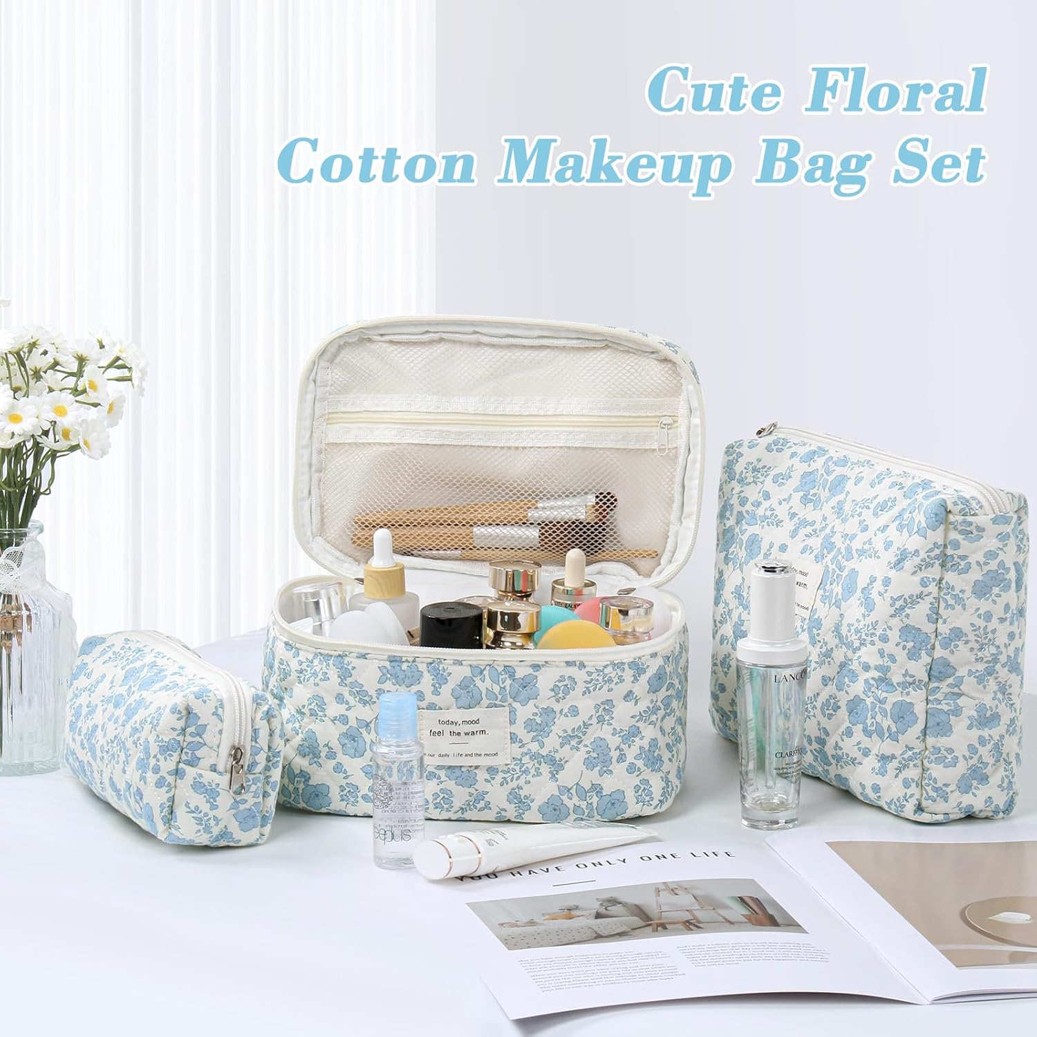 Set van 3 make-uptassen voor dames met bloemenpatroon, toilettas, grote toilettas, draagbare make-uptas voor reizen en dagelijks gebruik, pollen, roze, rustieke bloem