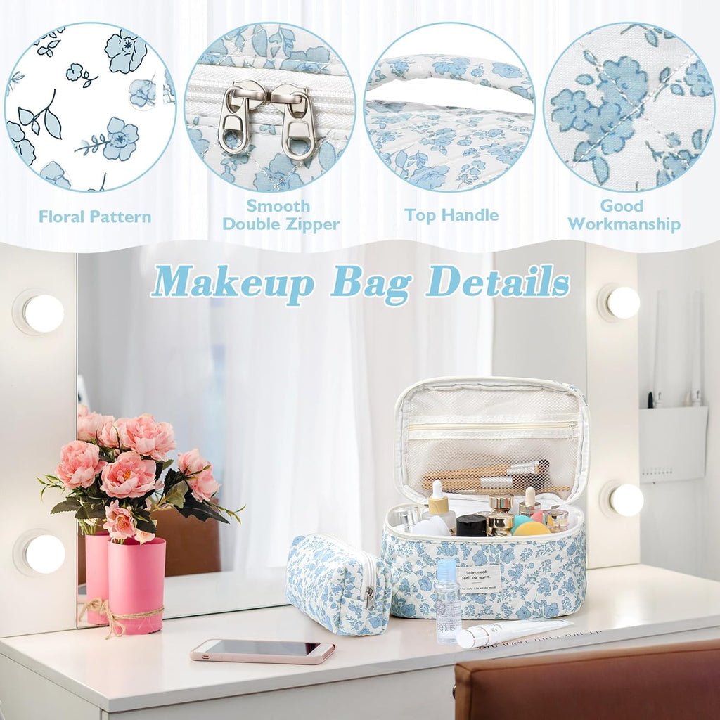 Set van 3 make-uptassen voor dames met bloemenpatroon, toilettas, grote toilettas, draagbare make-uptas voor reizen en dagelijks gebruik, pollen, roze, rustieke bloem