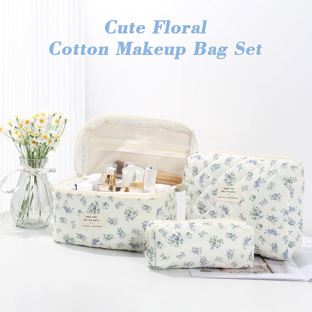 Set van 3 make-uptassen voor dames met bloemenpatroon, toilettas, grote toilettas, draagbare make-uptas voor reizen en dagelijks gebruik, pollen, roze, rustieke bloem