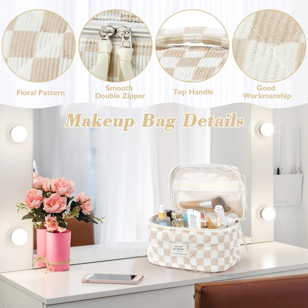Set van 3 make-uptassen voor dames met bloemenpatroon, toilettas, grote toilettas, draagbare make-uptas voor reizen en dagelijks gebruik, pollen, roze, rustieke bloem