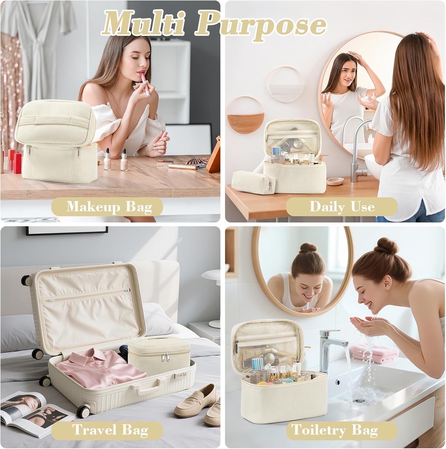 Set van 3 make-uptassen voor dames met bloemenpatroon, toilettas, grote toilettas, draagbare make-uptas voor reizen en dagelijks gebruik, pollen, roze, rustieke bloem