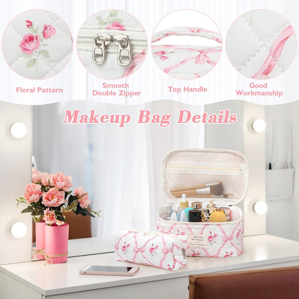Set van 3 make-uptassen voor dames met bloemenpatroon, toilettas, grote toilettas, draagbare make-uptas voor reizen en dagelijks gebruik, pollen, roze, rustieke bloem