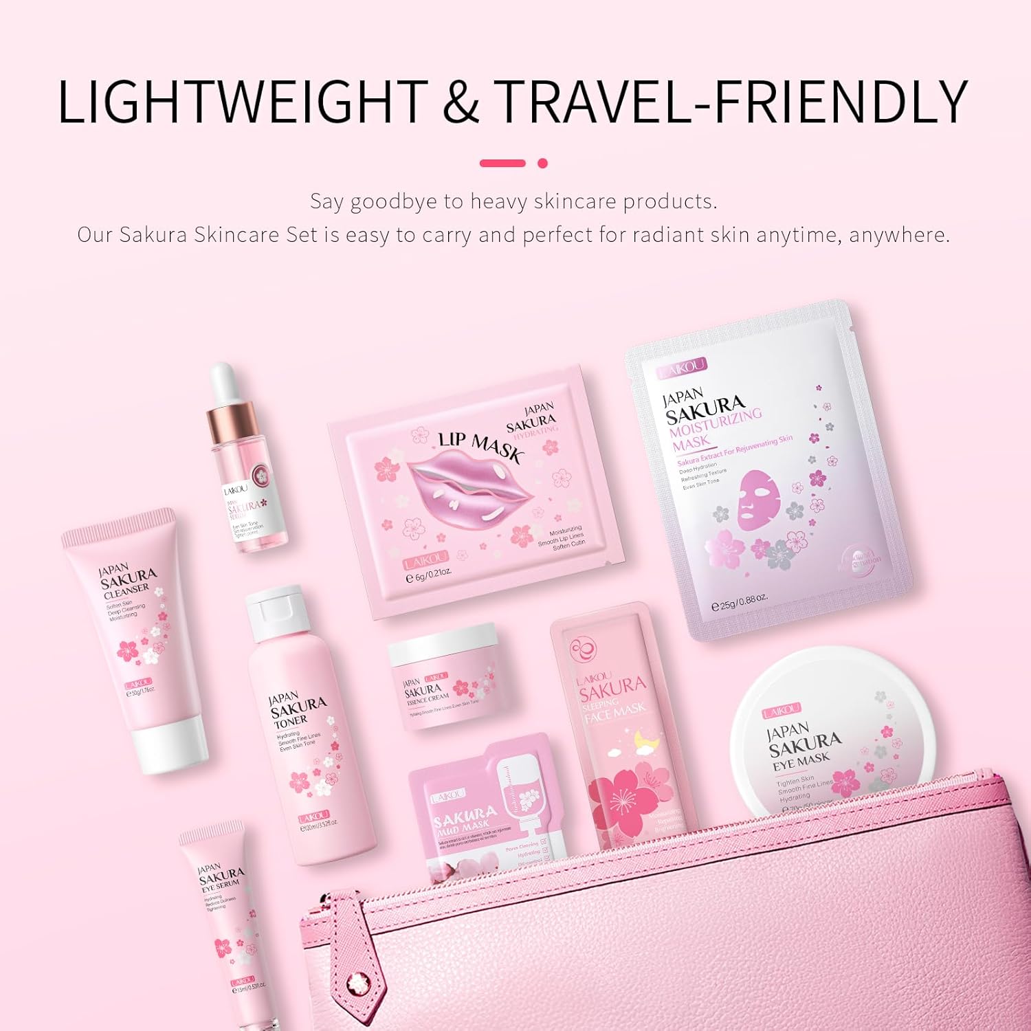 LAIKOU Sakura Gezichtsverzorgingsset, 11-delig, gezichtsverzorgingsset voor tieners, reishuidverzorgingsset met gezichtsreiniger, serum, vochtinbrengende crème, gezichtsmasker en moddermasker