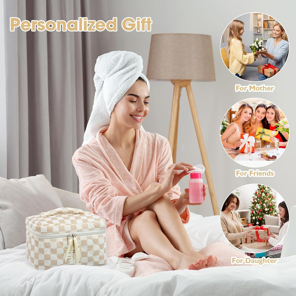 Set van 3 make-uptassen voor dames met bloemenpatroon, toilettas, grote toilettas, draagbare make-uptas voor reizen en dagelijks gebruik, pollen, roze, rustieke bloem