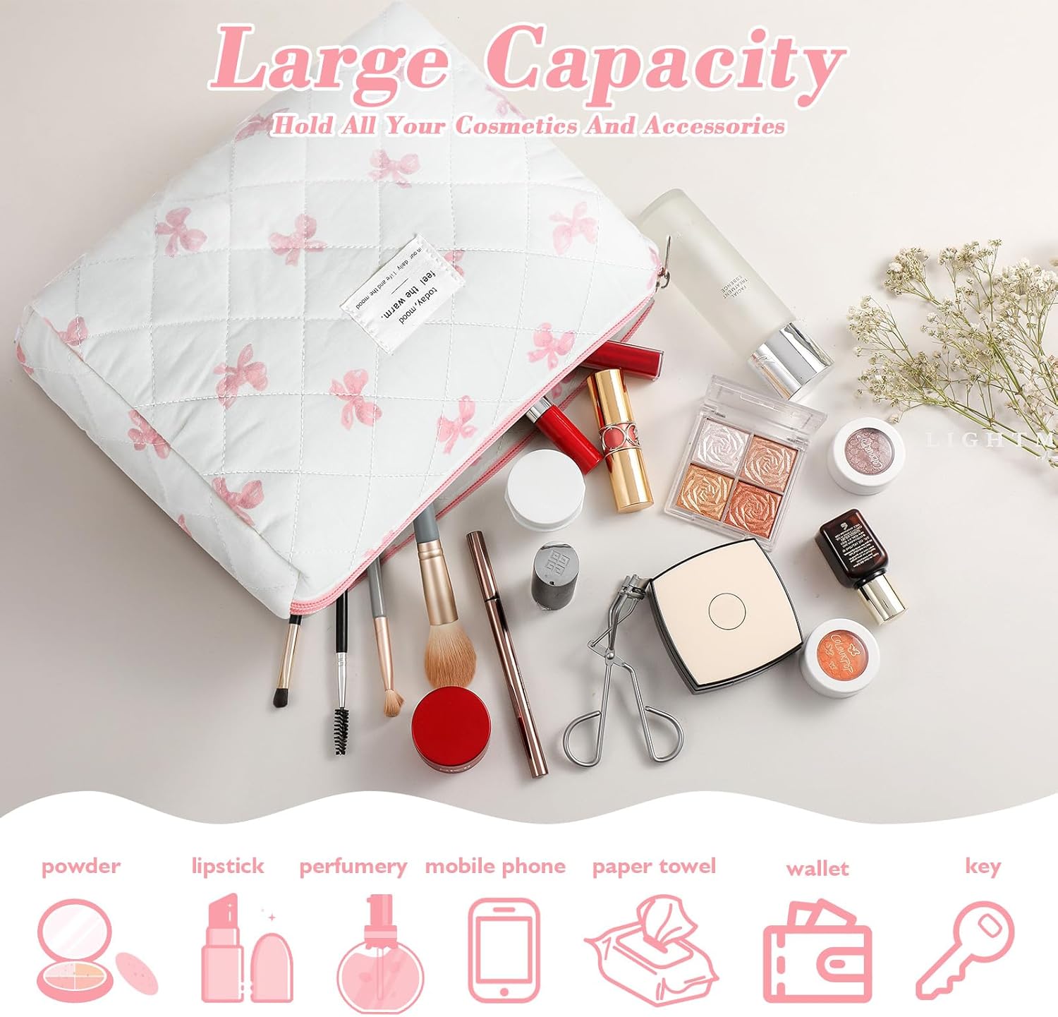 Set van 3 make-uptassen voor dames met bloemenpatroon, toilettas, grote toilettas, draagbare make-uptas voor reizen en dagelijks gebruik, pollen, roze, rustieke bloem