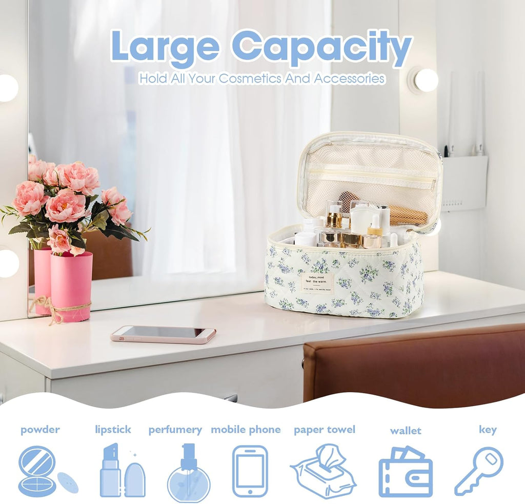 Set van 3 make-uptassen voor dames met bloemenpatroon, toilettas, grote toilettas, draagbare make-uptas voor reizen en dagelijks gebruik, pollen, roze, rustieke bloem