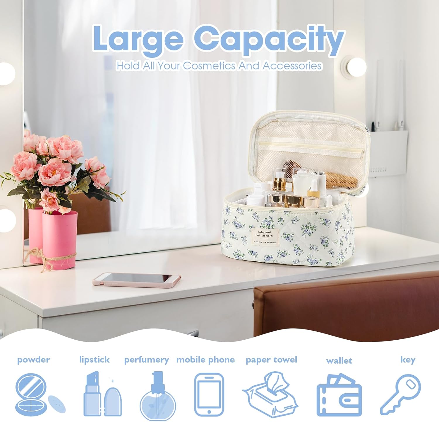 Set van 3 make-uptassen voor dames met bloemenpatroon, toilettas, grote toilettas, draagbare make-uptas voor reizen en dagelijks gebruik, pollen, roze, rustieke bloem