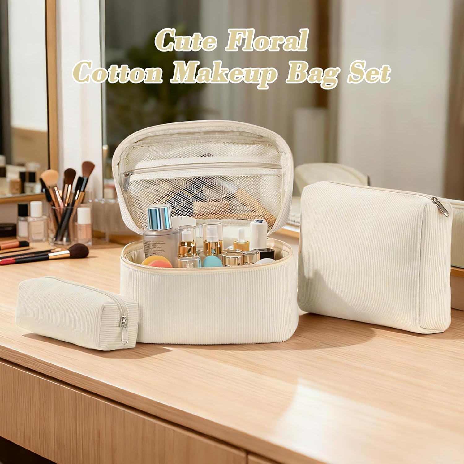 Set van 3 make-uptassen voor dames met bloemenpatroon, toilettas, grote toilettas, draagbare make-uptas voor reizen en dagelijks gebruik, pollen, roze, rustieke bloem