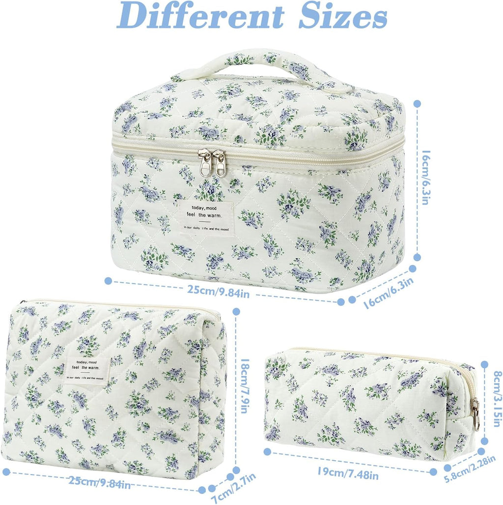 Set van 3 make-uptassen voor dames met bloemenpatroon, toilettas, grote toilettas, draagbare make-uptas voor reizen en dagelijks gebruik, pollen, roze, rustieke bloem