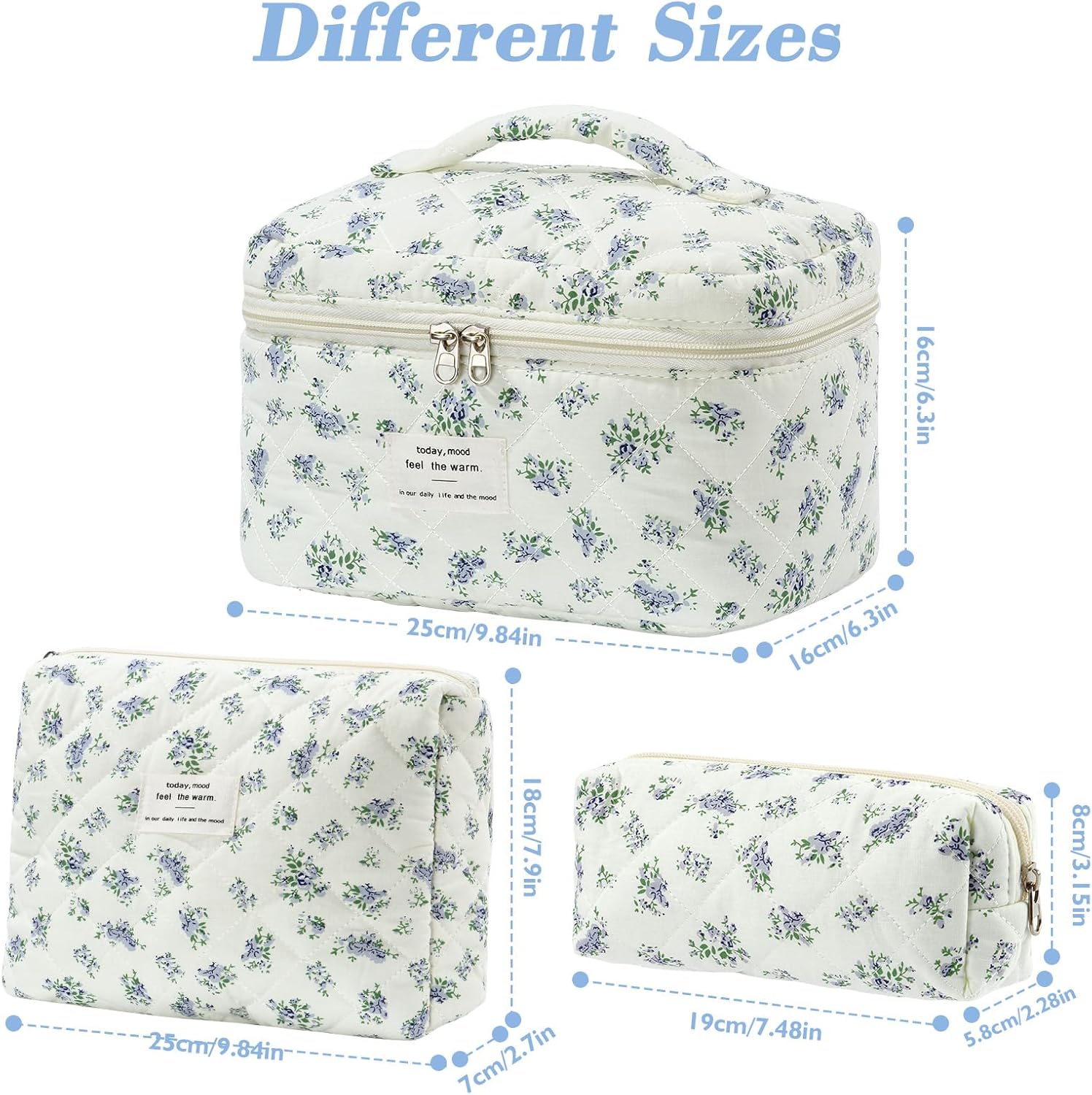 Set van 3 make-uptassen voor dames met bloemenpatroon, toilettas, grote toilettas, draagbare make-uptas voor reizen en dagelijks gebruik, pollen, roze, rustieke bloem
