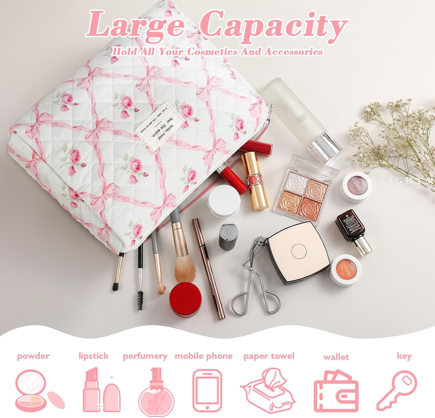 Set van 3 make-uptassen voor dames met bloemenpatroon, toilettas, grote toilettas, draagbare make-uptas voor reizen en dagelijks gebruik, pollen, roze, rustieke bloem
