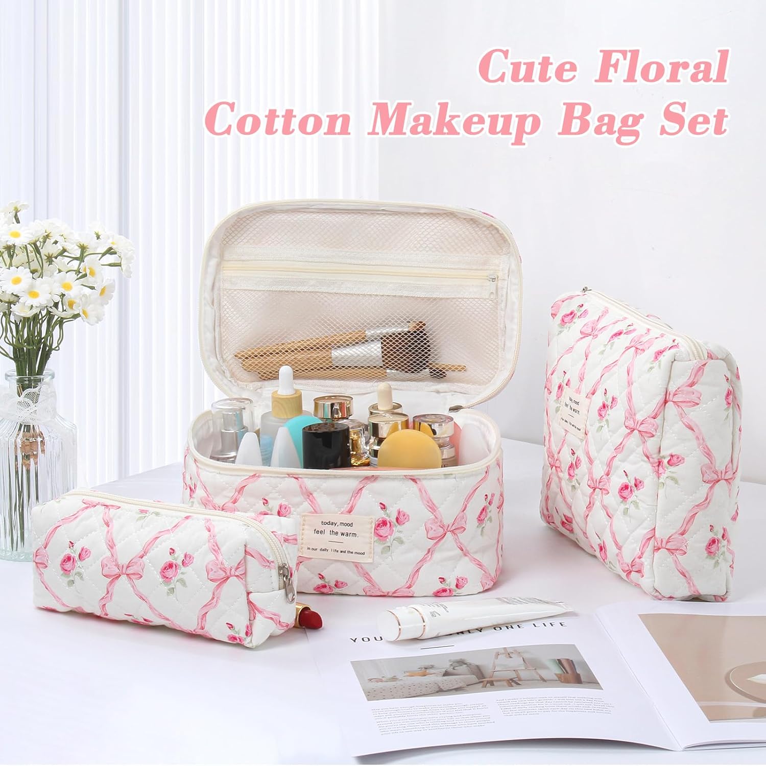 Set van 3 make-uptassen voor dames met bloemenpatroon, toilettas, grote toilettas, draagbare make-uptas voor reizen en dagelijks gebruik, pollen, roze, rustieke bloem