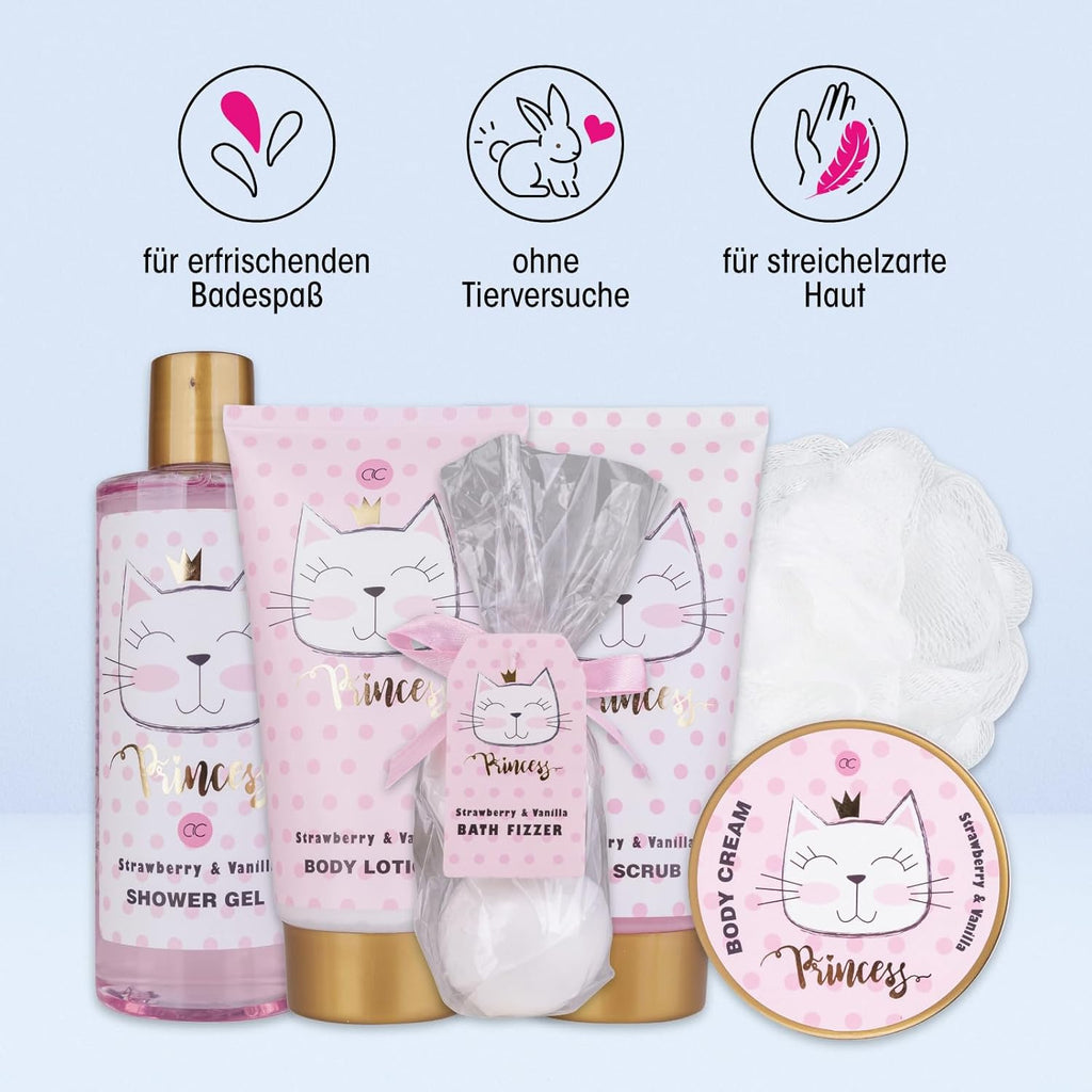 Accentra - Princess Kitty cadeauset voor meisjes en vrouwen - doucheset inclusief schuimbad, scrub, douchegel en meer - Fruitgeur cadeau in een mooie doos