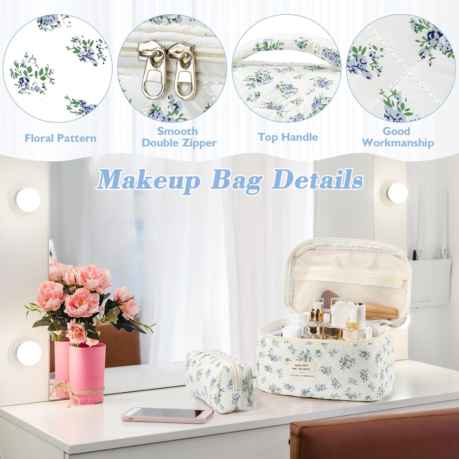 Set van 3 make-uptassen voor dames met bloemenpatroon, toilettas, grote toilettas, draagbare make-uptas voor reizen en dagelijks gebruik, pollen, roze, rustieke bloem