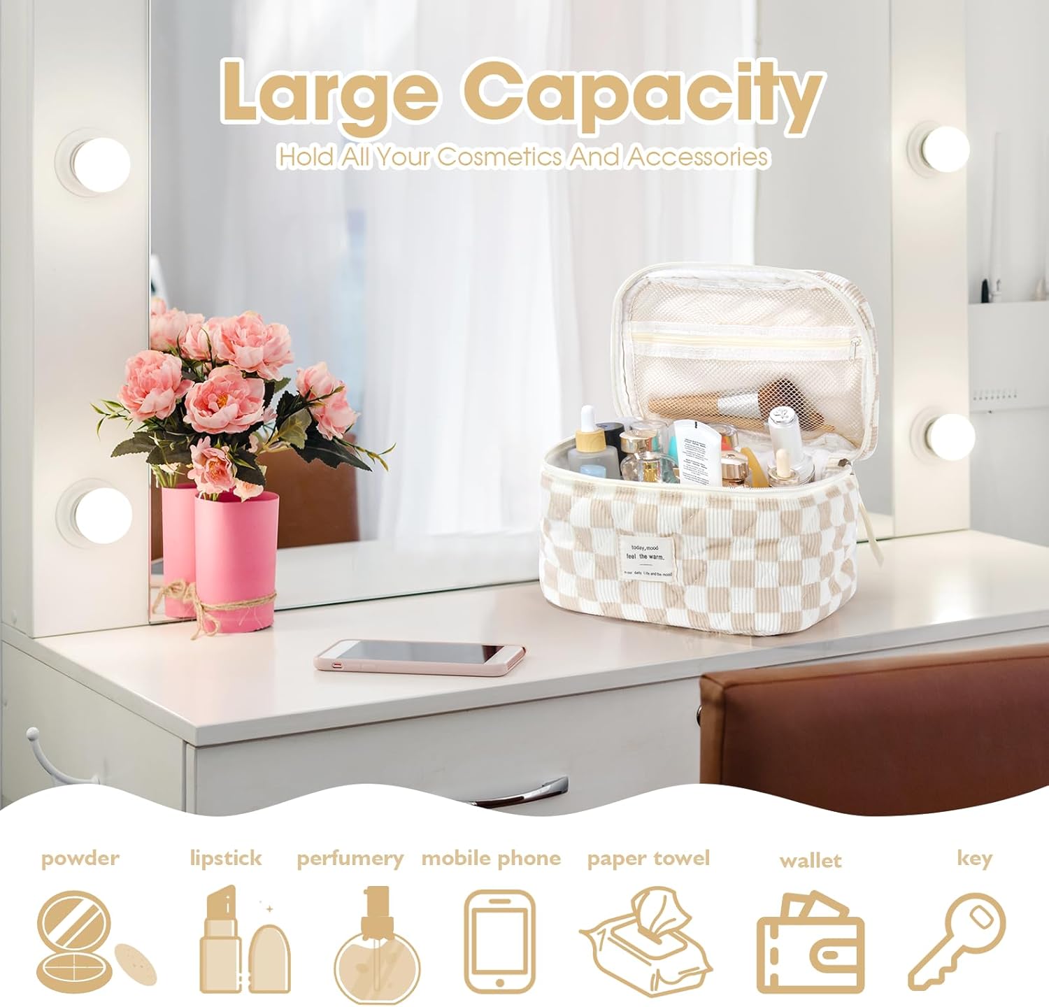 Set van 3 make-uptassen voor dames met bloemenpatroon, toilettas, grote toilettas, draagbare make-uptas voor reizen en dagelijks gebruik, pollen, roze, rustieke bloem