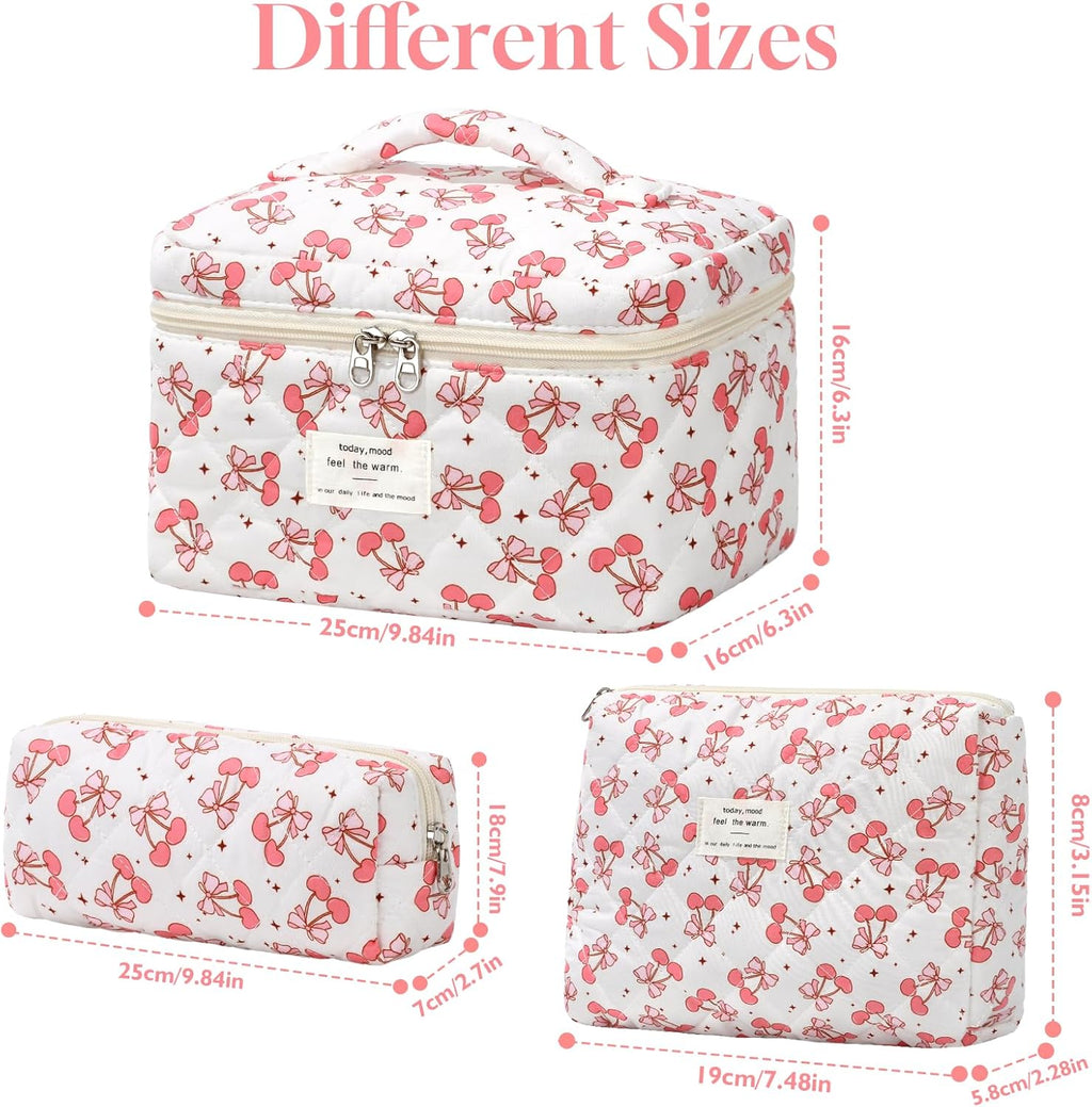 Set van 3 make-uptassen voor dames met bloemenpatroon, toilettas, grote toilettas, draagbare make-uptas voor reizen en dagelijks gebruik, pollen, roze, rustieke bloem