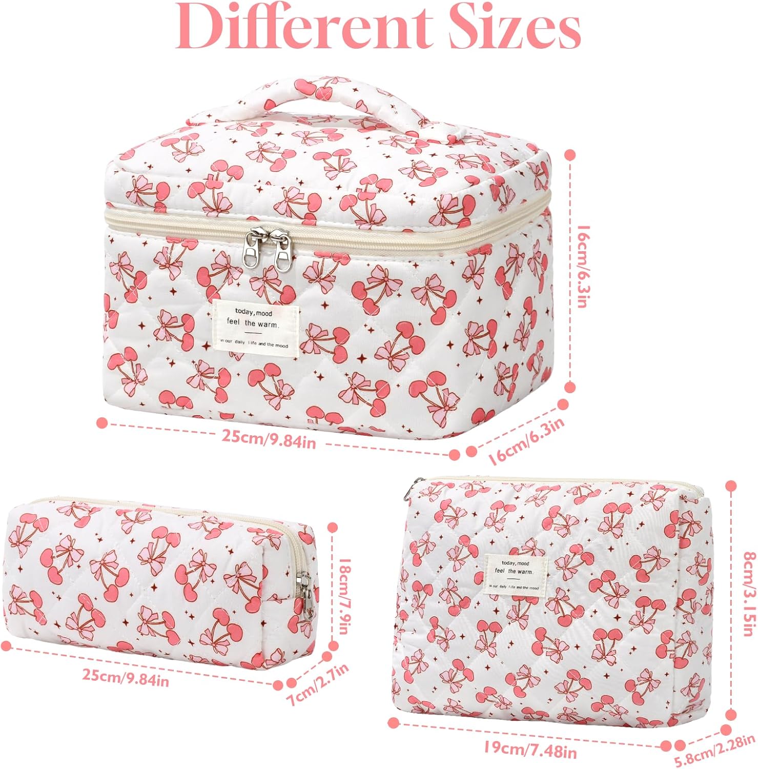 Set van 3 make-uptassen voor dames met bloemenpatroon, toilettas, grote toilettas, draagbare make-uptas voor reizen en dagelijks gebruik, pollen, roze, rustieke bloem