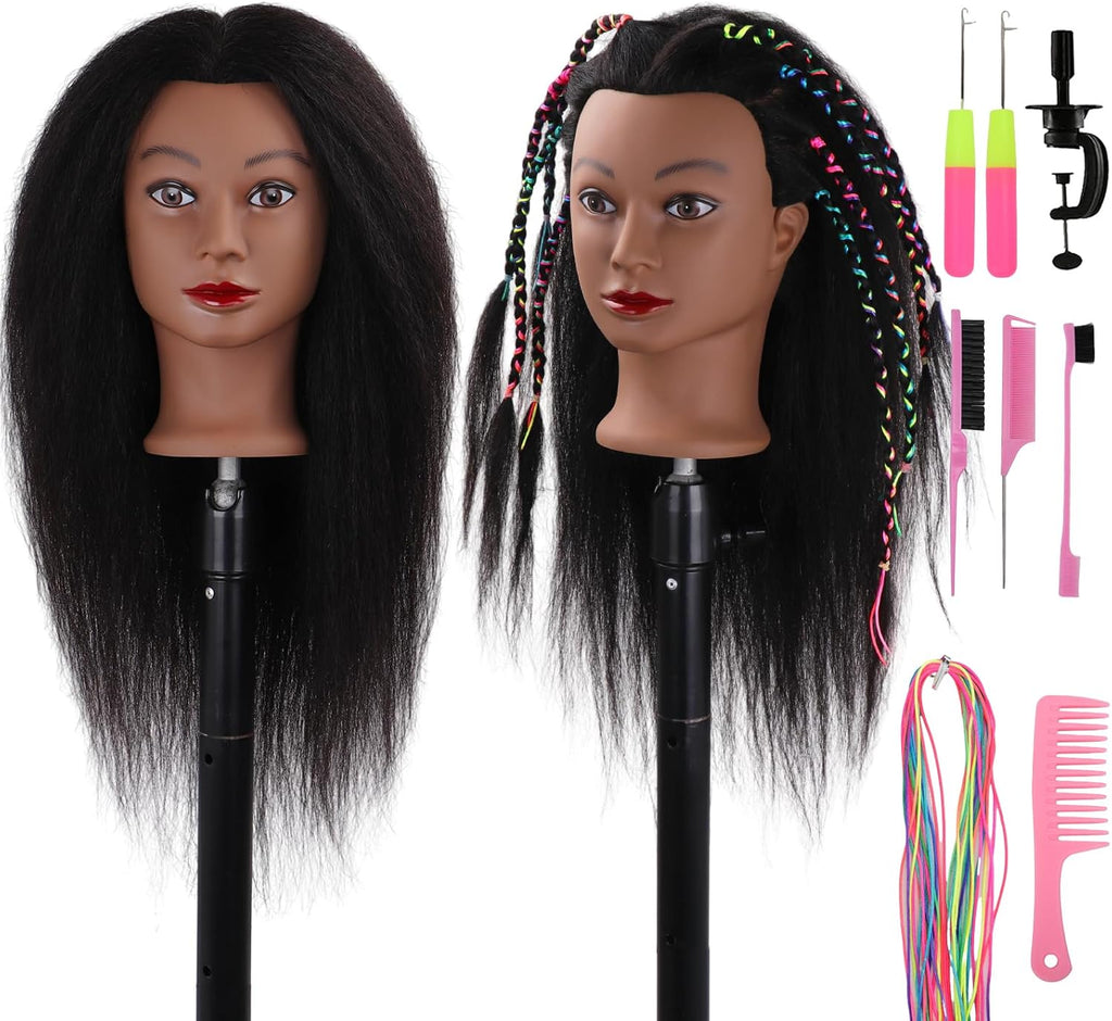 DiazySight Afro mannequin-hoofd van 100% steil echt haar, 45,7 cm, voor meisjes om te oefenen, kappershoofd en trainingsset voor cosmentogoly training en stylist