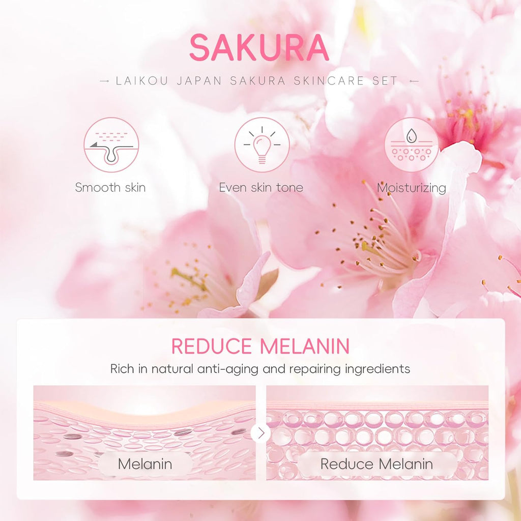 LAIKOU Sakura Skincare Set voor tieners, meisjes, 18-delig, gezichtsverzorgingsset voor reizen, met reiniger, crème, masker, patch, lippen, elastisch, voor hydraterend, voedend en glanzend