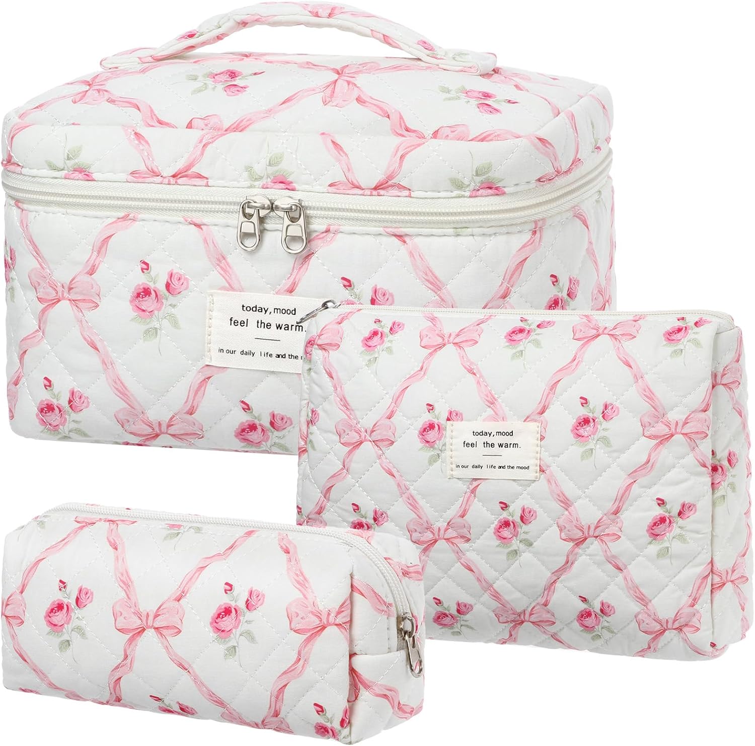 Set van 3 make-uptassen voor dames met bloemenpatroon, toilettas, grote toilettas, draagbare make-uptas voor reizen en dagelijks gebruik, pollen, roze, rustieke bloem