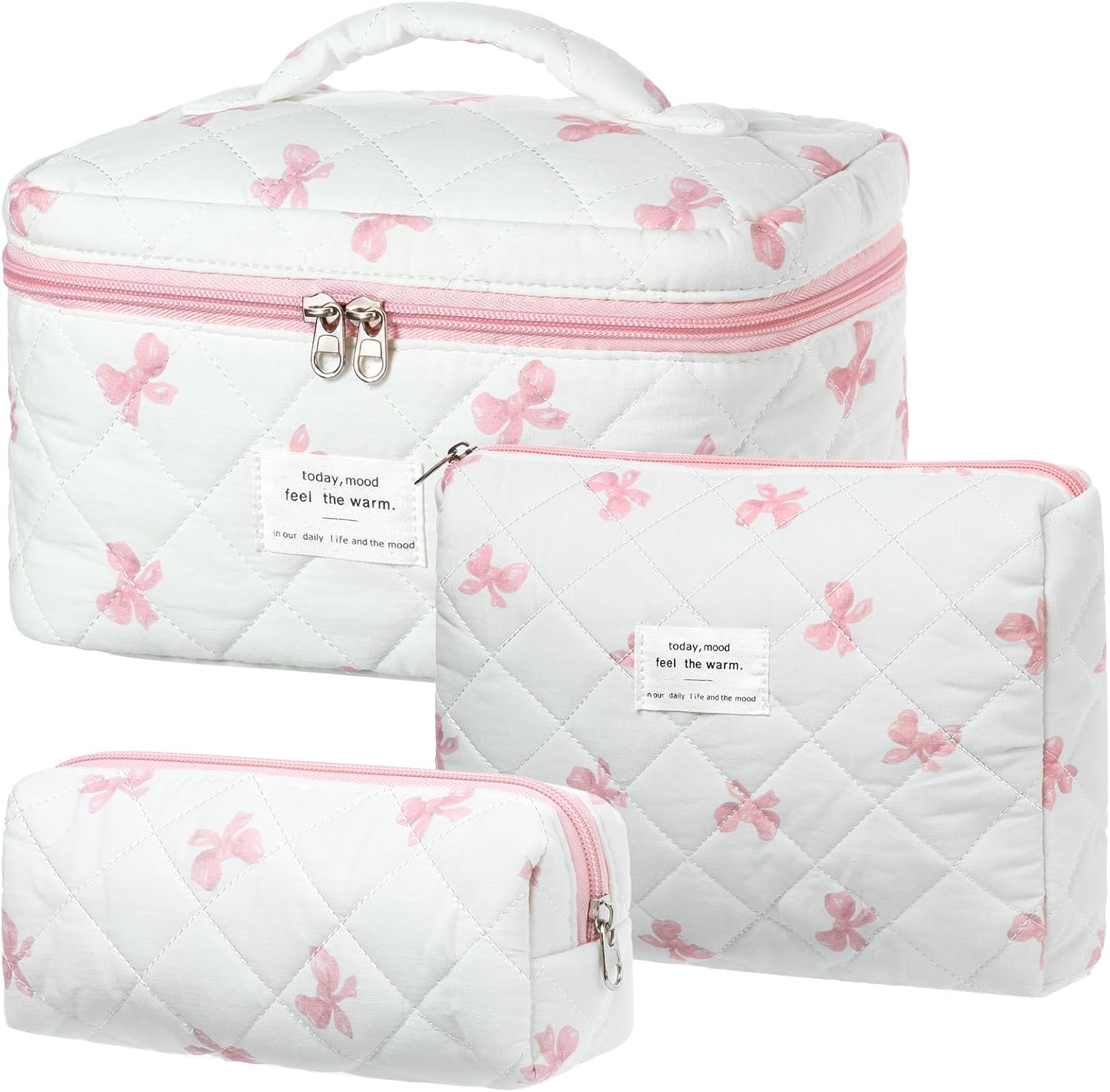 Set van 3 make-uptassen voor dames met bloemenpatroon, toilettas, grote toilettas, draagbare make-uptas voor reizen en dagelijks gebruik, pollen, roze, rustieke bloem