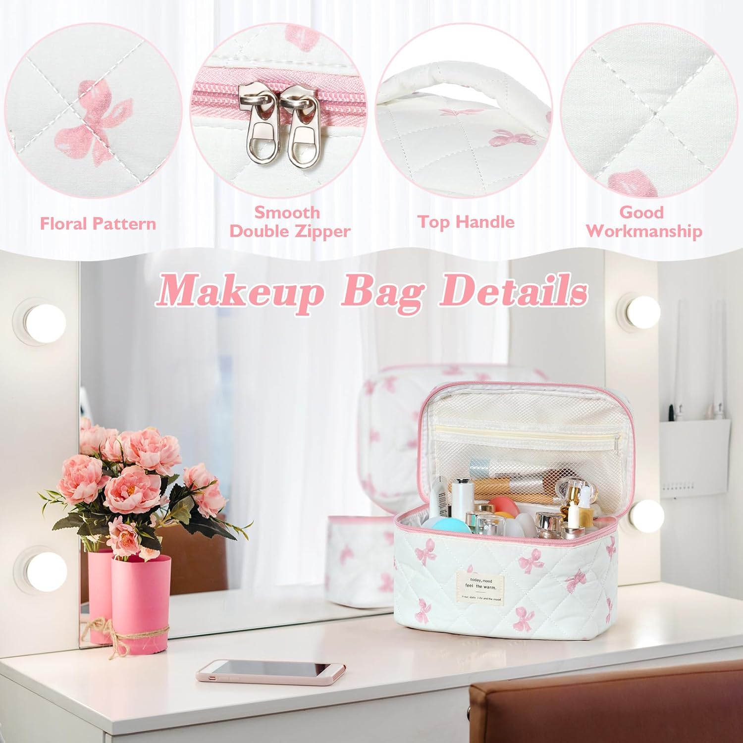 Set van 3 make-uptassen voor dames met bloemenpatroon, toilettas, grote toilettas, draagbare make-uptas voor reizen en dagelijks gebruik, pollen, roze, rustieke bloem