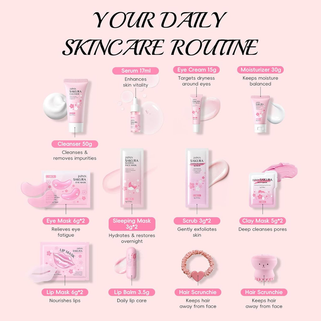 LAIKOU Sakura Skincare Set voor tieners, meisjes, 18-delig, gezichtsverzorgingsset voor reizen, met reiniger, crème, masker, patch, lippen, elastisch, voor hydraterend, voedend en glanzend