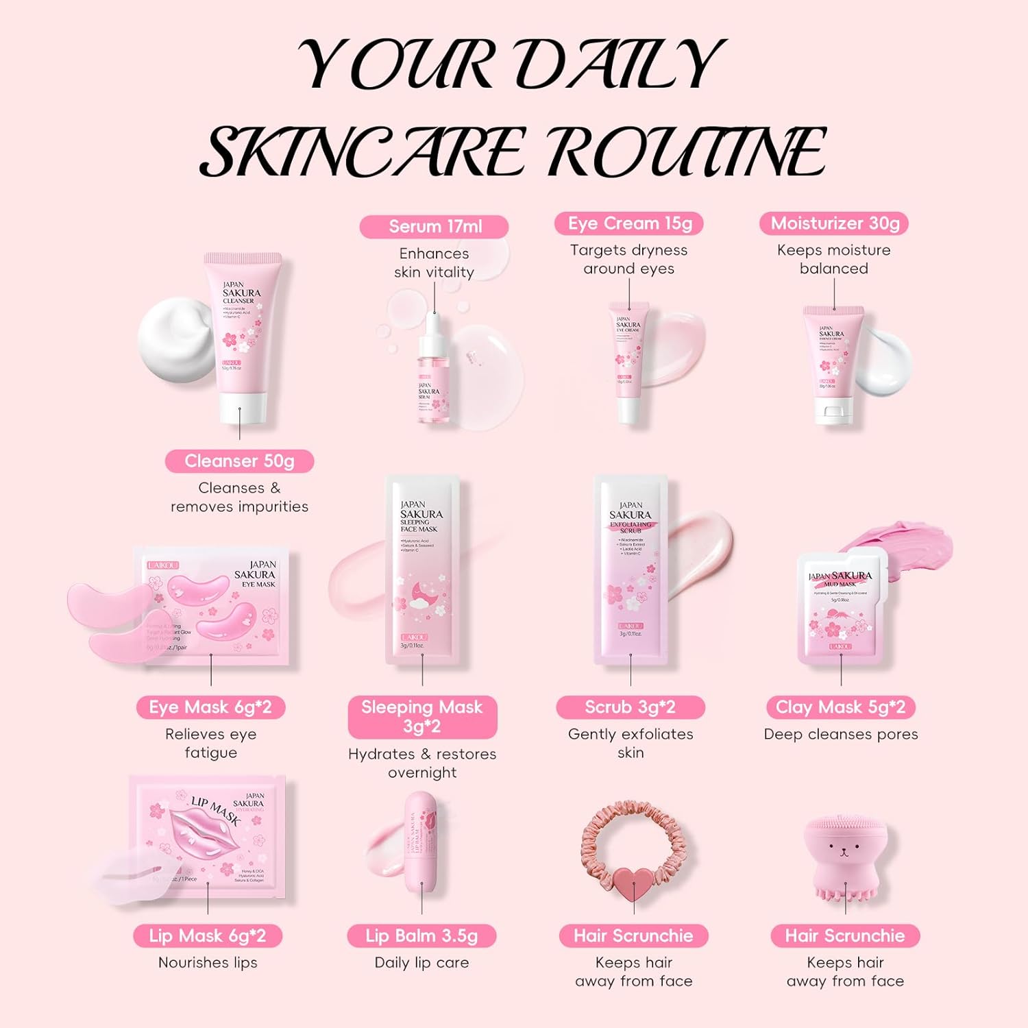 LAIKOU Sakura Skincare Set voor tieners, meisjes, 18-delig, gezichtsverzorgingsset voor reizen, met reiniger, crème, masker, patch, lippen, elastisch, voor hydraterend, voedend en glanzend