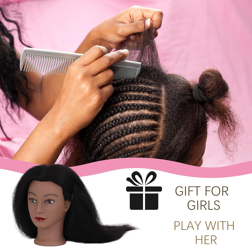 DiazySight Afro mannequin-hoofd van 100% steil echt haar, 45,7 cm, voor meisjes om te oefenen, kappershoofd en trainingsset voor cosmentogoly training en stylist