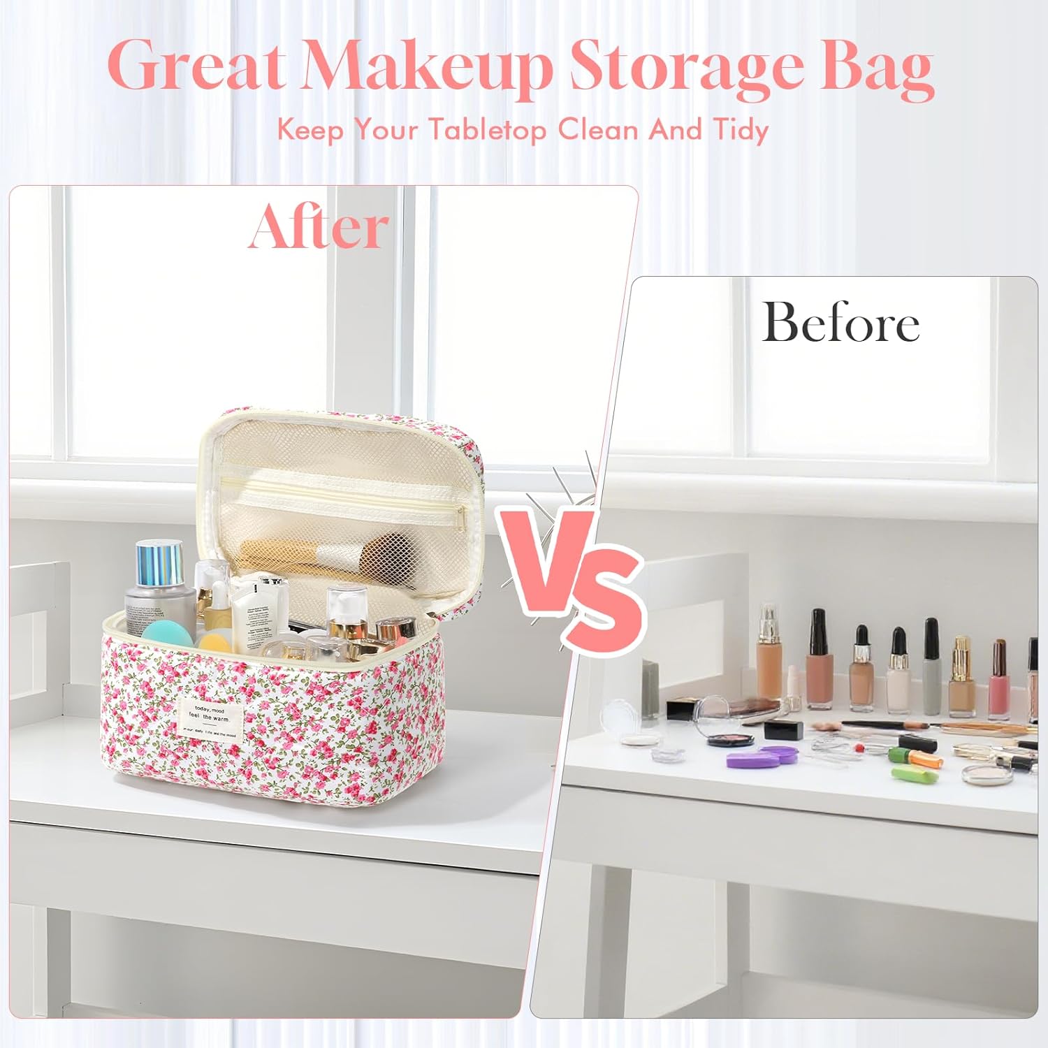 Set van 3 make-uptassen voor dames met bloemenpatroon, toilettas, grote toilettas, draagbare make-uptas voor reizen en dagelijks gebruik, pollen, roze, rustieke bloem