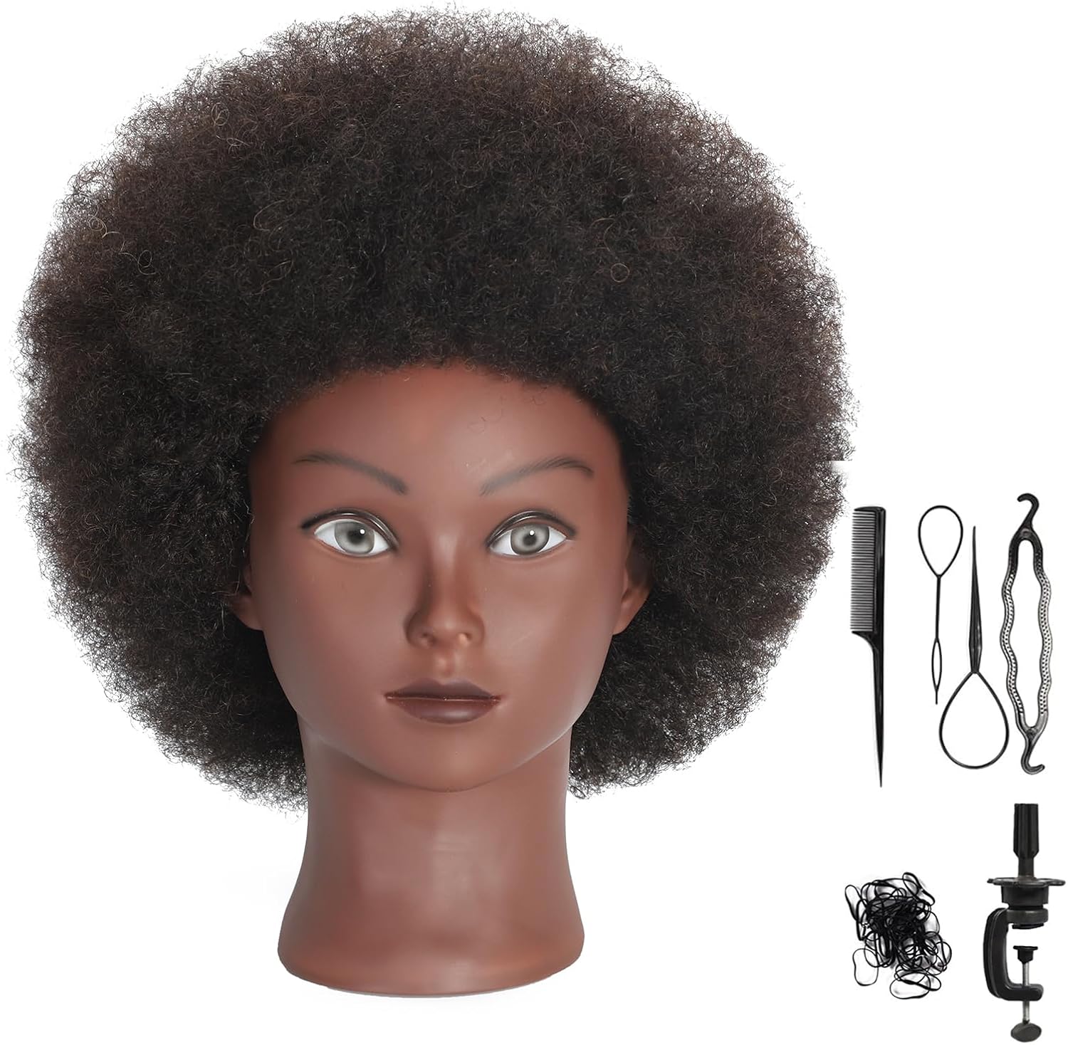 Afro mannequin-hoofd met krullend menselijk haar, cosmetologie, mannequinhoofd voor haarweergave, bril en praktijk