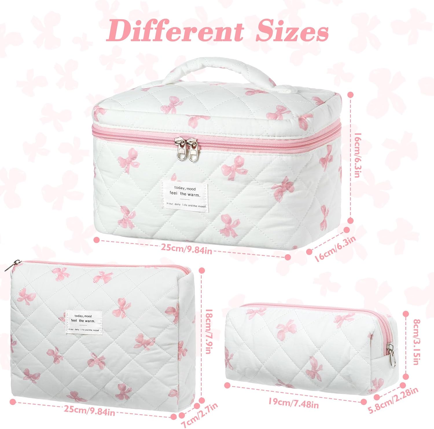 Set van 3 make-uptassen voor dames met bloemenpatroon, toilettas, grote toilettas, draagbare make-uptas voor reizen en dagelijks gebruik, pollen, roze, rustieke bloem