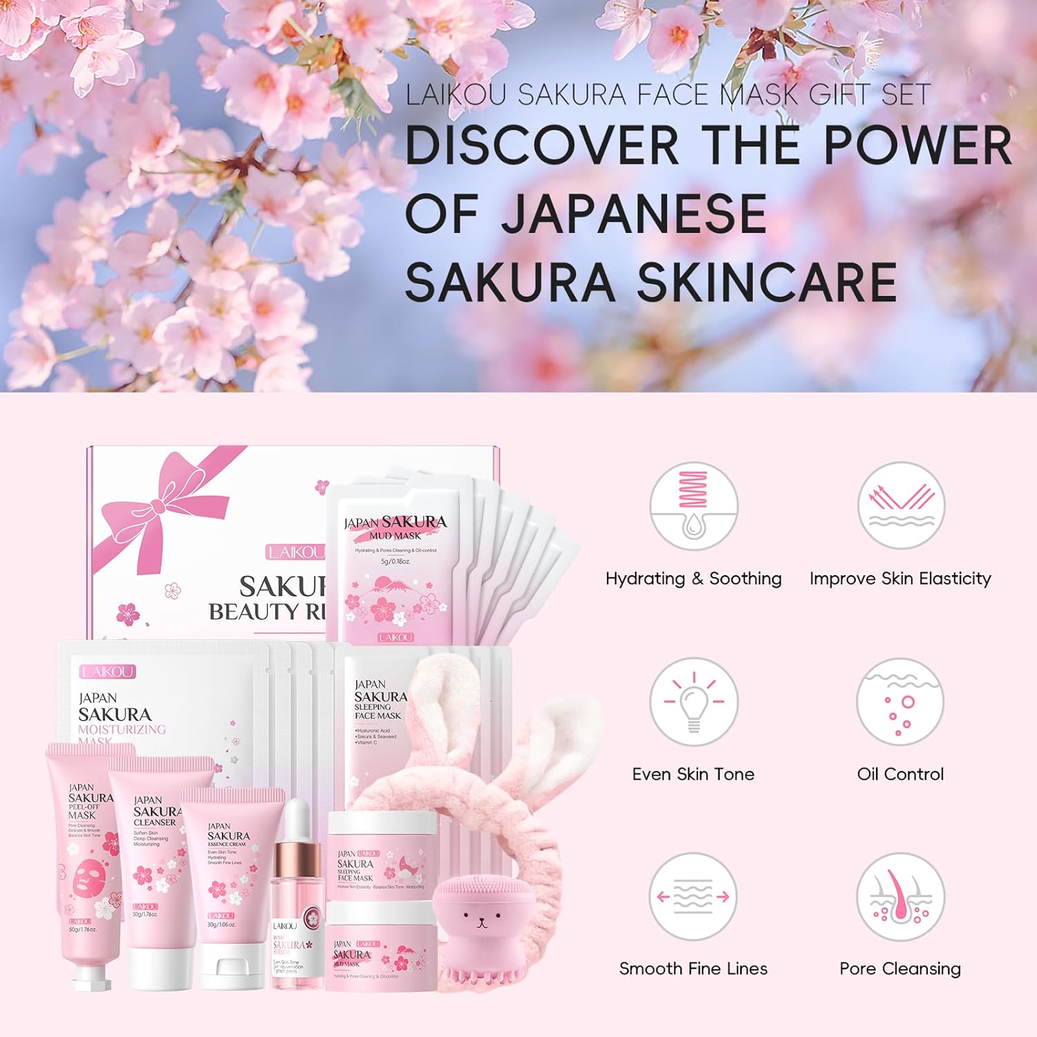 LAIKOU Sakura Gezichtsverzorgingsset, 11-delig, gezichtsverzorgingsset voor tieners, reishuidverzorgingsset met gezichtsreiniger, serum, vochtinbrengende crème, gezichtsmasker en moddermasker