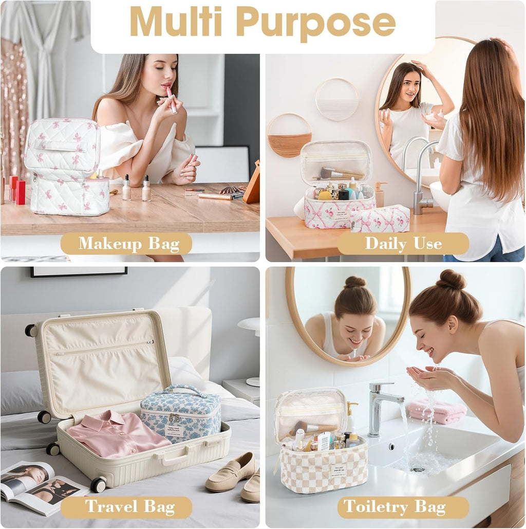 Set van 3 make-uptassen voor dames met bloemenpatroon, toilettas, grote toilettas, draagbare make-uptas voor reizen en dagelijks gebruik, pollen, roze, rustieke bloem