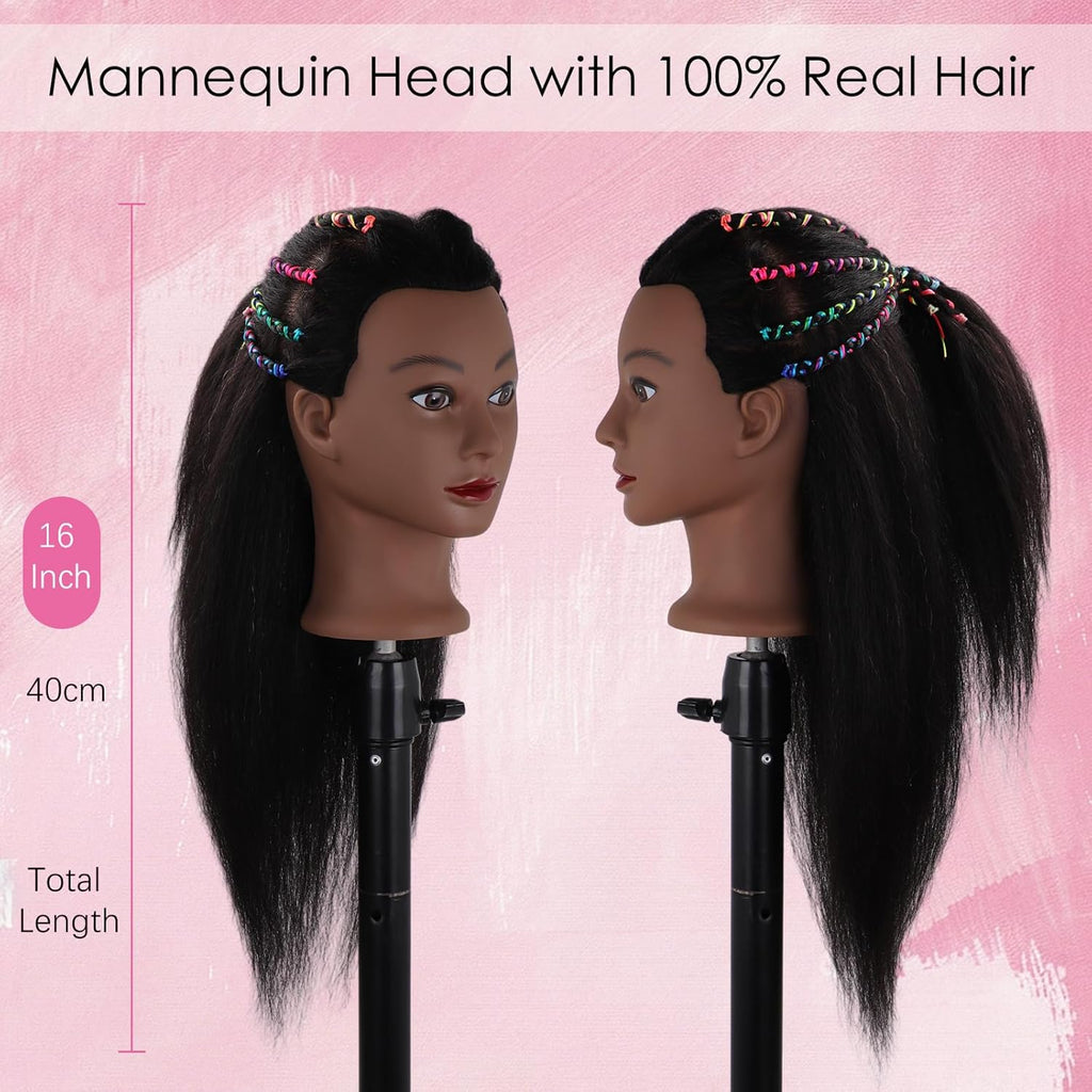 DiazySight Afro mannequin-hoofd van 100% steil echt haar, 45,7 cm, voor meisjes om te oefenen, kappershoofd en trainingsset voor cosmentogoly training en stylist